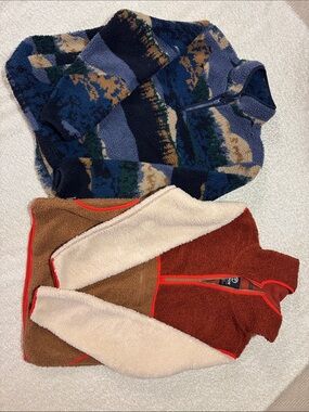 Men's Colorblock Sherpa Fleece Sweater - Blue Pattern / Rust Brown